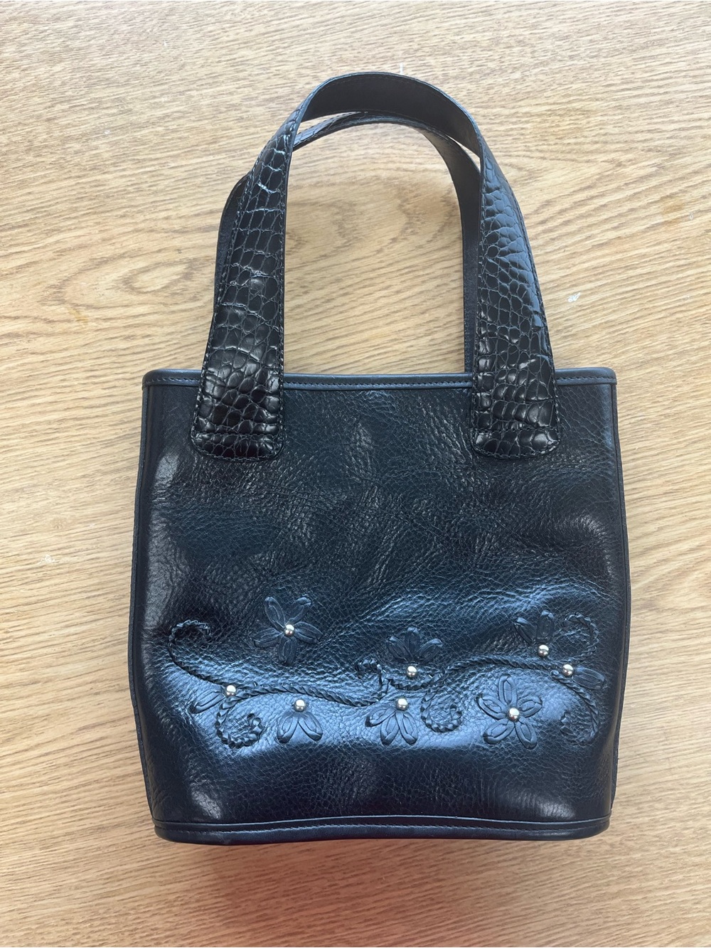 Brighton Black Leather Floral Embossed Satchel